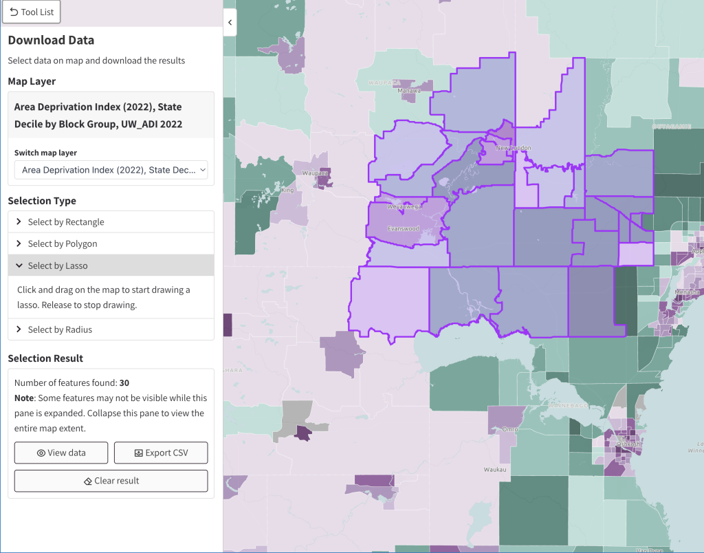 Map showing selected block groups outlined in purple